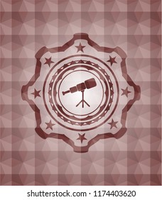 telescope icon inside red seamless badge with geometric pattern.