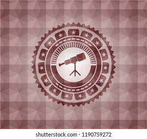 telescope icon inside red seamless badge with geometric pattern background.