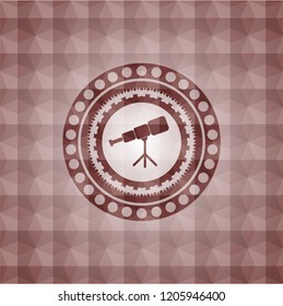 telescope icon inside red seamless emblem or badge with abstract geometric polygonal pattern background.