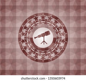 telescope icon inside red seamless badge with geometric pattern.