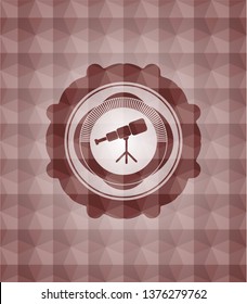 telescope icon inside red seamless emblem or badge with abstract geometric pattern background.