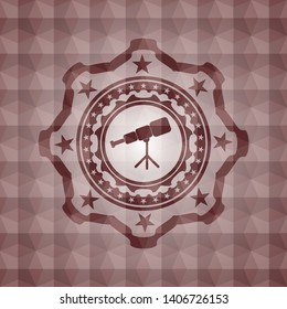 telescope icon inside red seamless emblem with geometric pattern.