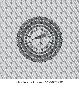 telescope icon inside silver badge. Scales pattern. Vector Illustration. Detailed.