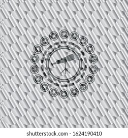 telescope icon inside silver color emblem or badge. Scales pattern. Vector Illustration. Detailed.
