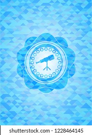 telescope icon inside sky blue emblem. Mosaic background