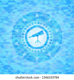 telescope icon inside sky blue emblem. Mosaic background