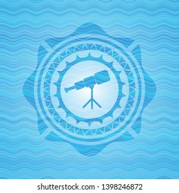telescope icon inside sky blue water wave emblem.