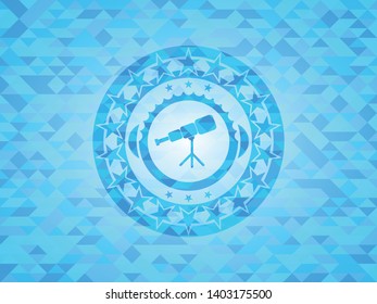 telescope icon inside sky blue emblem with mosaic ecological style background