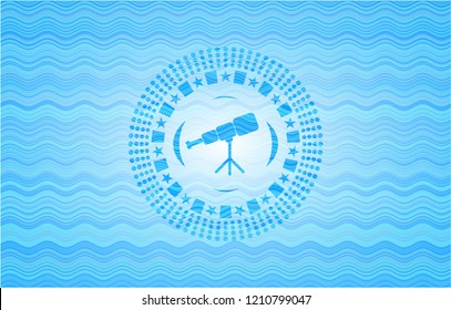 telescope icon inside water wave emblem background.