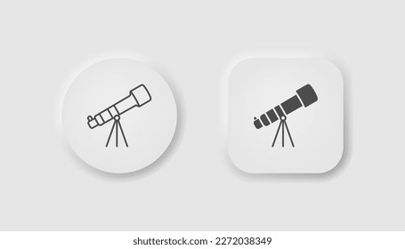 Telescope icon in neumorphism style. Icons for business, white user interface. UI, UX. Science symbol. Spyglass, exploring cosmos, watching sky, planetarium. Neumorphic style. 
