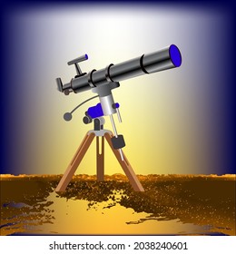 Telescope icon on space background. Logo for astronomy. A device for observing the stars. Vector graphics for advertising.