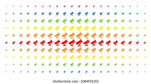 Telescope icon rainbow colored halftone pattern. Vector telescope pictograms are organized into halftone matrix with vertical rainbow colors gradient. Constructed for backgrounds, covers,