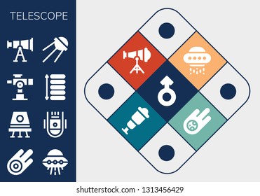 telescope icon set. 13 filled telescope icons.  Simple modern icons about  - Mars, Asteroid, Ufo, Space capsule, Telescope, Spacing, Sputnik, Spyglass, Meteorite