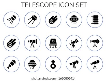 telescope icon set. 15 filled telescope icons. Included Sputnik, Asteroid, Telescope, Meteorite, Space capsule, Ufo, Spacing, Spyglass, Mars icons