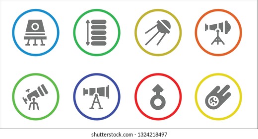 telescope icon set. 8 filled telescope icons.  Collection Of - Space capsule, Telescope, Spacing, Sputnik, Mars, Meteorite
