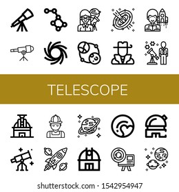 telescope icon set. Collection of Telescope, Constellation, Black hole, Astronomer, Astronomy, Space, Hunter, Stargazing, Observatory, Spacecraft, Uranus, Pluto, Universe icons