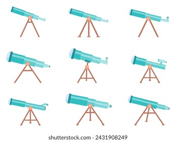 Telescope icon set isolated on white background. Telescope on a tripod. Telescopes of various types in flat style. Icon design for print, banners and advertising. Vector illustration