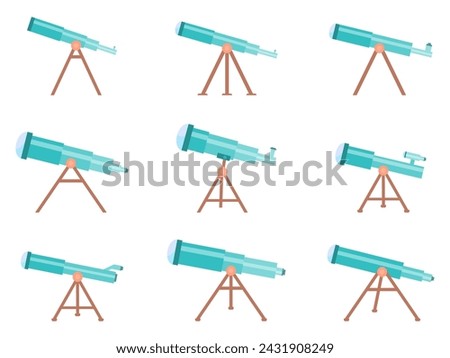 Telescope icon set isolated on white background. Telescope on a tripod. Telescopes of various types in flat style. Icon design for print, banners and advertising. Vector illustration