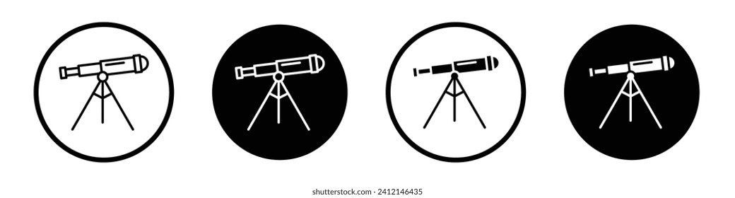 Telescope icon set. Observatory stargazing planetarium scope vector symbol in a black filled and outlined style. Astronomy monocular telescope sign.