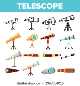 Telescope Icon Set Vector. Spyglass Discover Tool. Astronomy Science Magnify Instrument. Learning Universe. Planetarium Watching Lens. Line, Flat Illustration