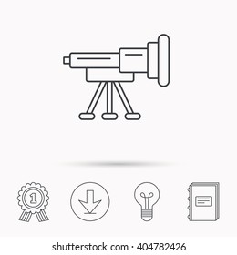 Telescope icon. Spyglass sign. Astronomy magnify lens symbol. Download arrow, lamp, learn book and award medal icons.