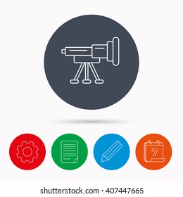 Telescope icon. Spyglass sign. Astronomy magnify lens symbol. Calendar, cogwheel, document file and pencil icons.