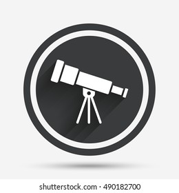 Telescope icon. Spyglass tool symbol. Circle flat button with shadow and border. Vector