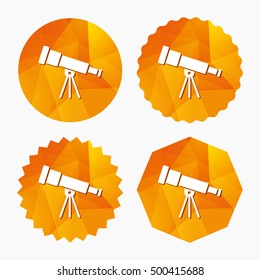 Telescope icon. Spyglass tool symbol. Triangular low poly buttons with flat icon. Vector