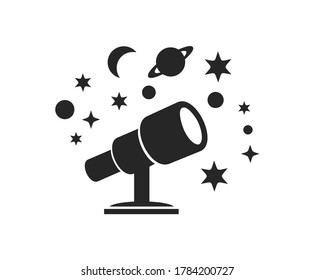 Teleskopsymbol, Vektorgrafik, Teleskope und Illustration von Weltraumgegenständen wie Planeten, Sterne, Asteroiden, Mond und andere
