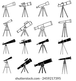 Conjunto de Vectores de iconos del telescopio. Ilustración de astronomía muestra colección. Símbolo o logotipo de Spyglass.