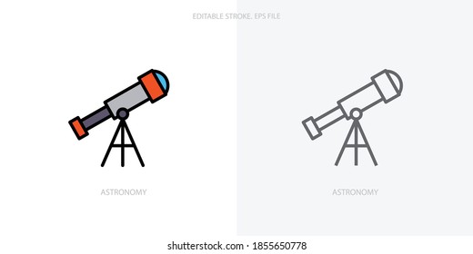 Icono del telescopio para tu sitio web, logotipo, aplicación, interfaz de usuario, impresión de producto. Icono de ilustración de vector de silueta plana de concepto del telescopio. Conjunto de iconos de trazo editable
