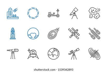 telescope icons set. Collection of telescope with black hole, mars, lander, meteorites, space station, meteorite, pluto, astronaut, asteroids. Editable and scalable telescope icons.