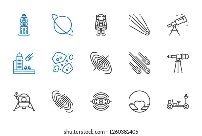 telescope icons set. Collection of telescope with moon rover, pluto, nebula, galaxy, lander, meteorites, black hole, asteroids, meteorite. Editable and scalable telescope icons.