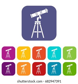 Telescope icons set vector illustration in flat style in colors red, blue, green, and other