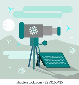 Telescope Illustration. Scientific research in North Pole. Studies in frozen space. Digital analysis. Snowy weather. Flat Design