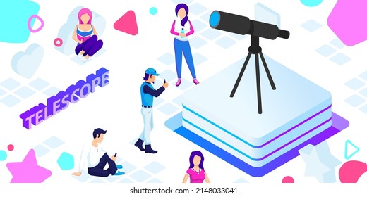 Telescope isometric design icon. Vector web illustration. 3d colorful concept