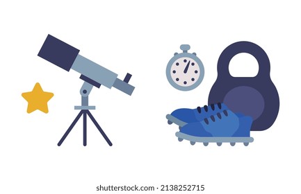 Telescope and Kettlebell with Boots as School Education Object Vector Set