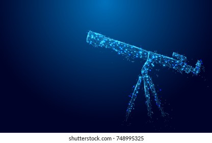 Telescope from lines and triangles, point connecting network on blue background. Illustration vector