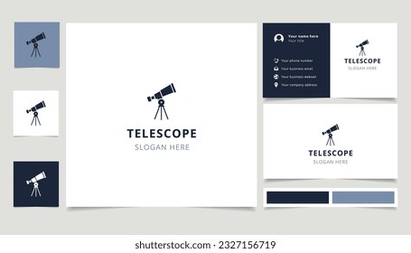 Telescope logo design with editable slogan. Branding book and business card template.