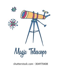 Telescope logo. Hand drawn full color brand sign