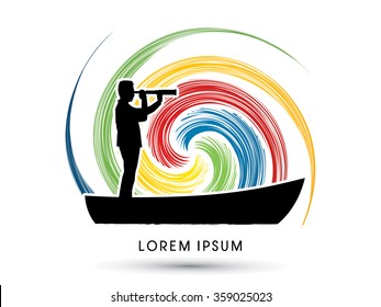 Telescope looking on Boat , vision designed on colorful spin background graphic vector.