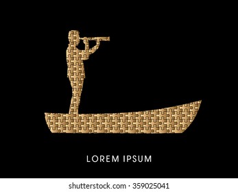 Telescope looking on Boat , vision designed using gold jigsaw graphic vector.