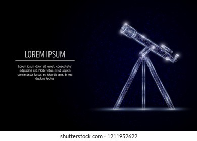 Telescope low poly wireframe mesh made of points, lines and shapes. Vector polygonal art style design. Science poster banner template with copy space.