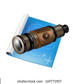 telescope with map isolated on white background