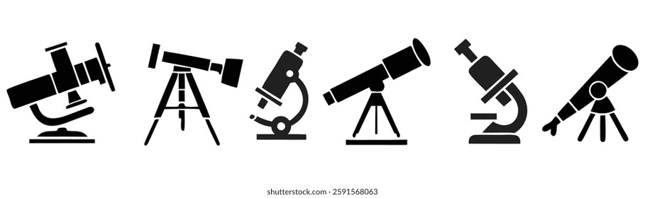 Telescope and Microscope Icons – Scientific Observation and Astronomy Equipment