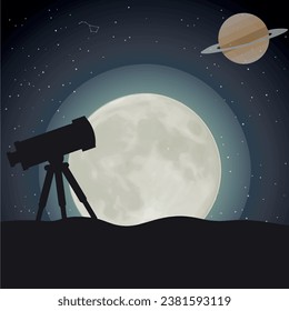 Telescope with Moon and Planet View. Vector Astronomy Poster