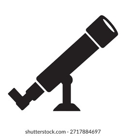 a telescope mounted on a stand. The telescope is shown in a side view, with the eyepiece at the top and the objective lens at the bottom. The stand is simple and supports the telescope securely. This setup is commonly used for astronomical observations.