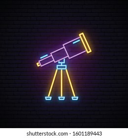 Telescope neon sign. Vector bright light telescope design on dark brick wall background. 