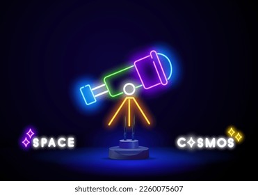 Telescope neon sign. Vector bright light telescope design on dark brick wall background.