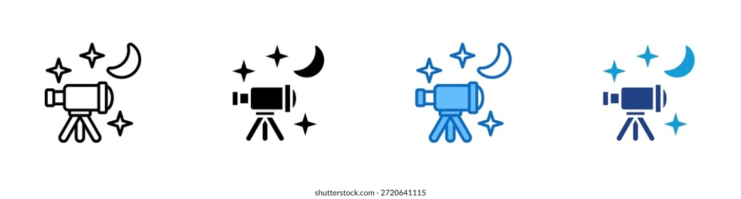 Telescope Night Multiple Style Icon Design Vetor - telescópio apontado para estrelas e a lua, simbolizando astronomia e observação noturna